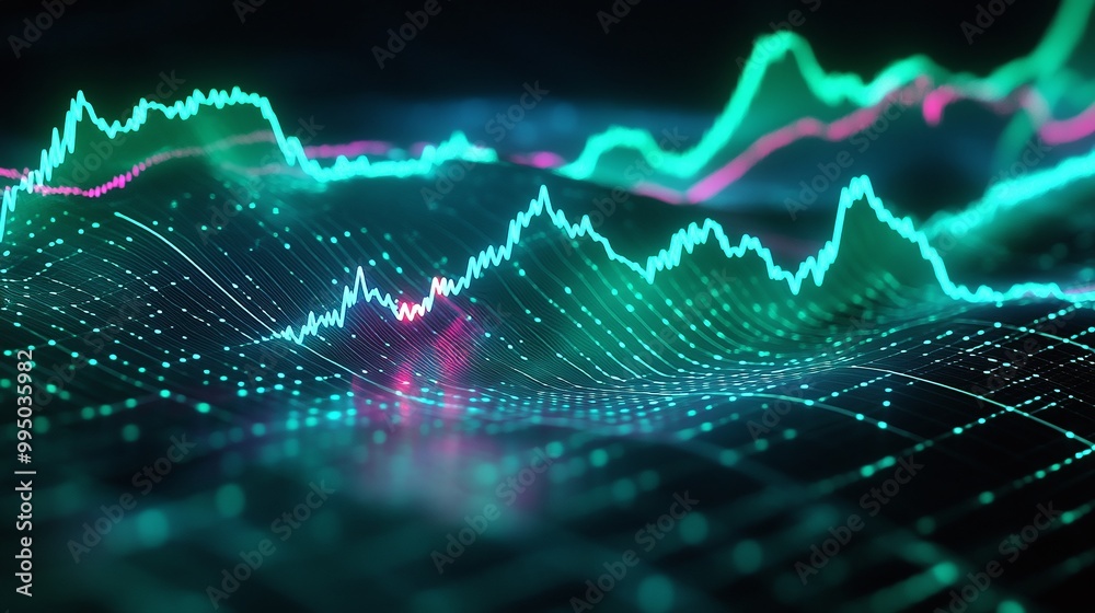 Poster dynamic digital graph showcasing data trends and analytics with vibrant colors on a dark background.