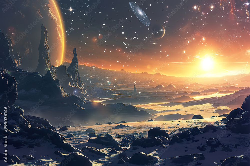 Wall mural a space scene with a large planet and a small planet, generative ai.,