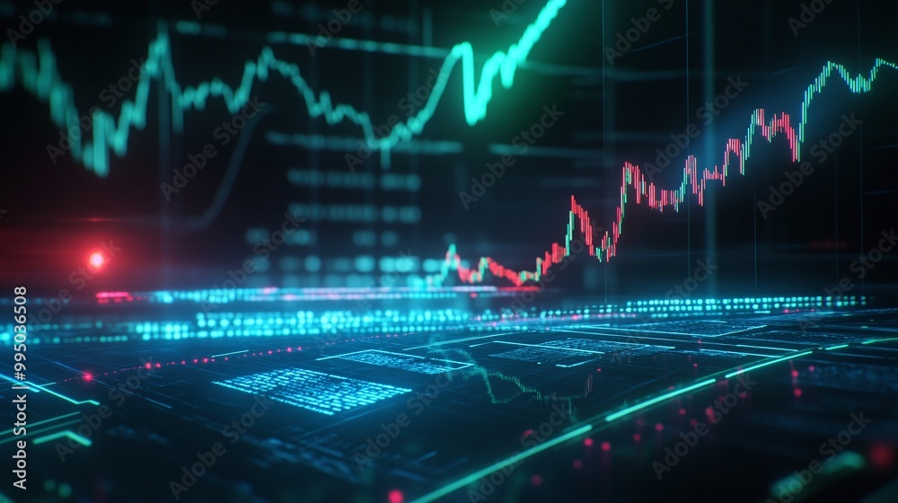 Poster dynamic digital stock market data visualization with graphs and indicators on a futuristic interface