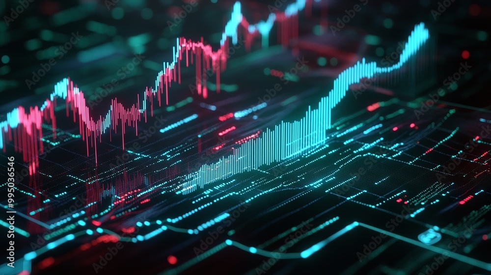 Poster dynamic digital stock market data visualization with vibrant graphs and charts.