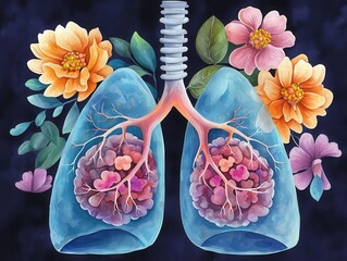 Lungs with minimal tumor growth, the impact of early treatment, educational tone, watercolor style