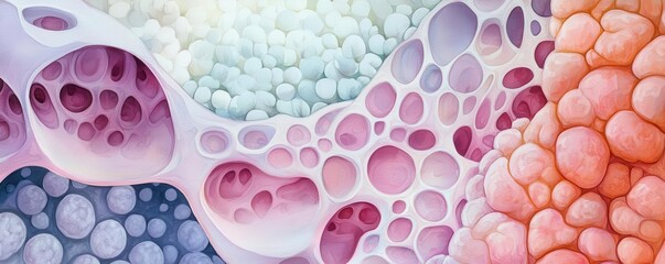 Microscopic view of lung tumor, cellular level, intricate details, watercolor style
