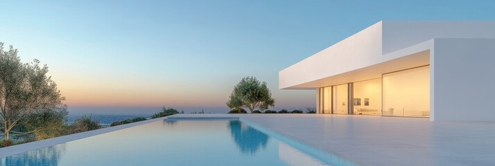 Obraz premium Contemporary architecture meets luxurious living in this stunning modern villa. Featuring an expansive infinity pool, panoramic sunset views, and sleek minimalist design, this home embodies elegance a