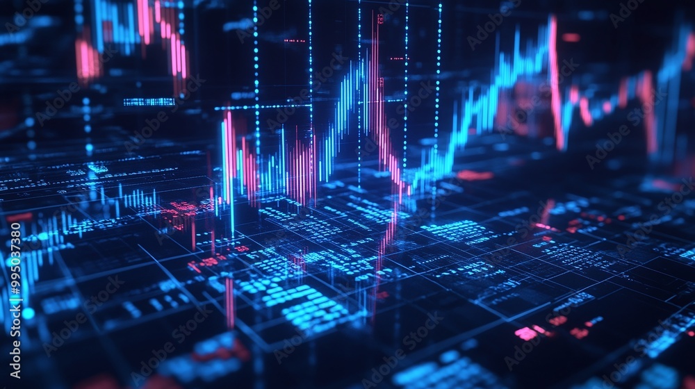 Poster dynamic financial data visualization with colorful graphs and charts for tech analysis.