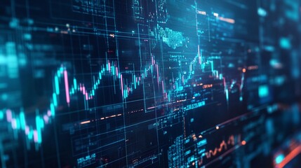 Dynamic financial data visualization on digital screen depicting market trends with vibrant colors and intricate graphics.