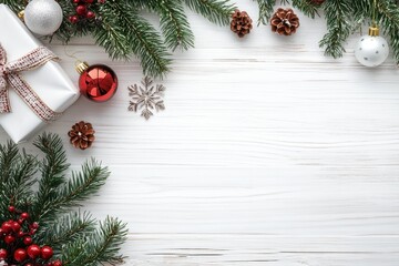 Festive Christmas Arrangement with Gifts and Pine Cones on White Wooden Background
