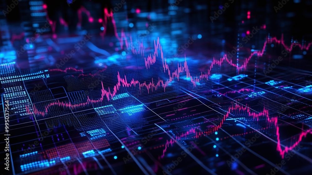 Poster dynamic financial data visualization with vibrant graphs on a digital screen.
