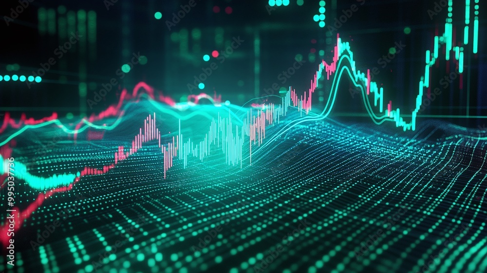 Poster dynamic financial graph showing fluctuating stock prices with vibrant colors and data points.