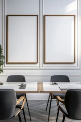 A minimal wood picture frame mockup on a white wall in a modern meeting room. 3d render, 3d illustration.generative ai