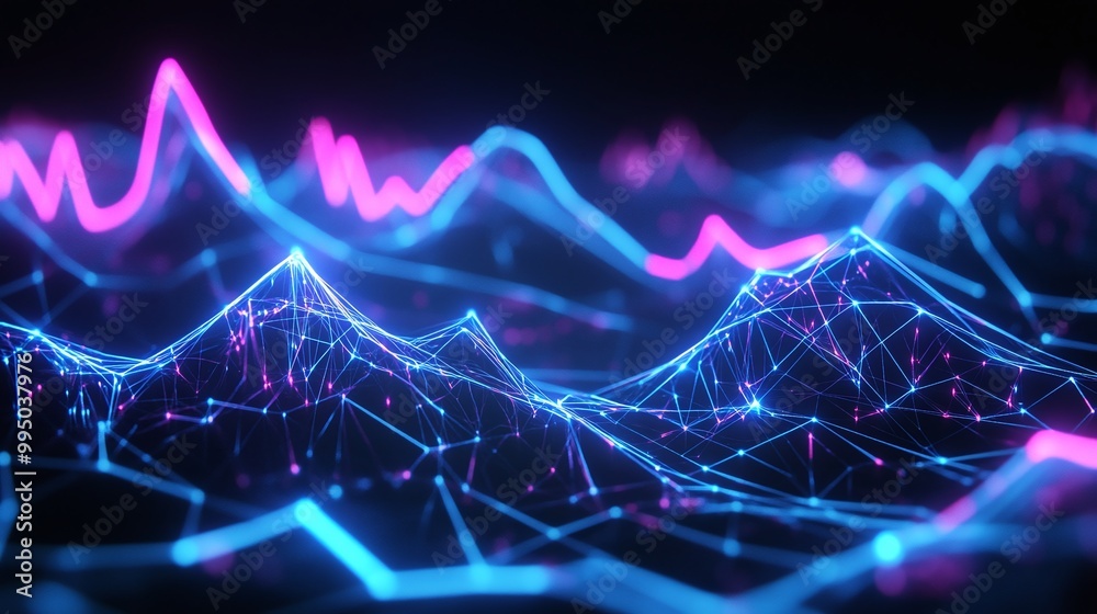 Poster dynamic neon wave visualization, showcasing interconnected data points and vibrant color transitions