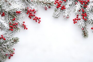 Christmas Pine Branches and Red Berries on White Background

