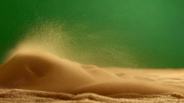 Fine sand particles blown into dune shape, creating stunning texture against green screen. Close up captures nature details in motion, with wind adding dynamic element
