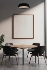 A minimal wood picture frame mockup on a white wall in a modern meeting room. 3d render, 3d illustration.generative ai