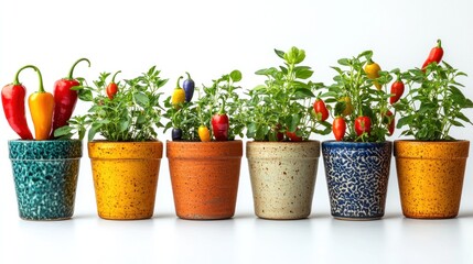 Colorful potted plants with various chili peppers and herbs.