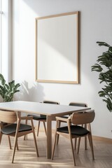 A minimal wood picture frame mockup on a white wall in a modern meeting room. 3d render, 3d illustration.generative ai