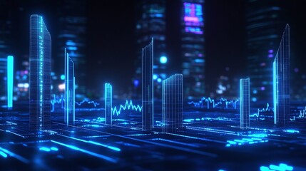 Futuristic city skyline with digital data visualization in blue tones, showcasing innovation and technology.