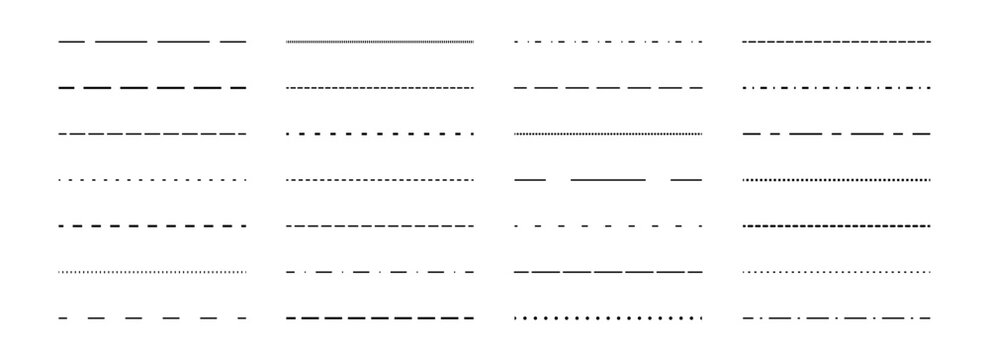 Black straight dashed line set. Dotted dividers and separators design element collection. Broken stroke pack for underline, emphasis, highlight. Repeated dash thin lines bundle. Vector