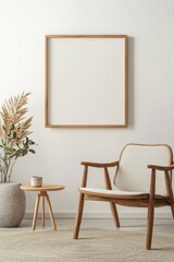 A minimal wood picture frame mockup on a white wall in a modern meeting room. 3d render, 3d illustration.generative ai