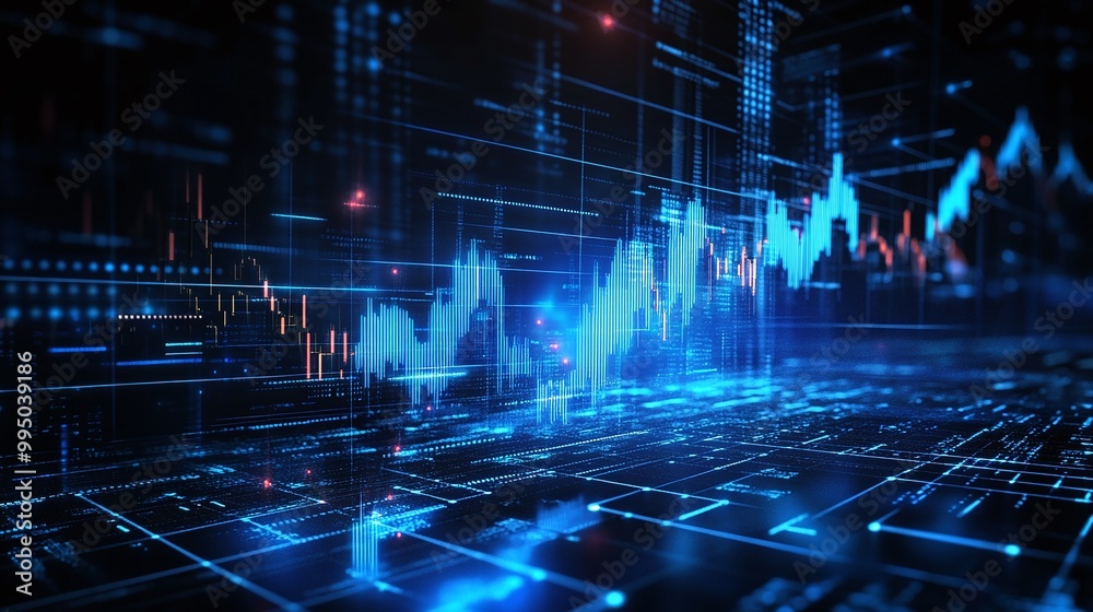 Poster futuristic data visualization representing charts and graphs in blue tones.