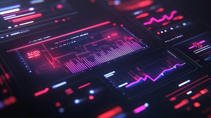 Obraz premium Futuristic data interface featuring graphs and analytics in neon colors.