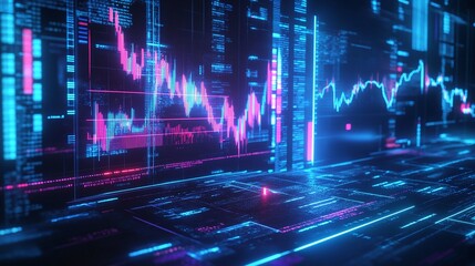 Futuristic data visualization background with vibrant blue and pink color schemes overlaid on digital charts and graphs.