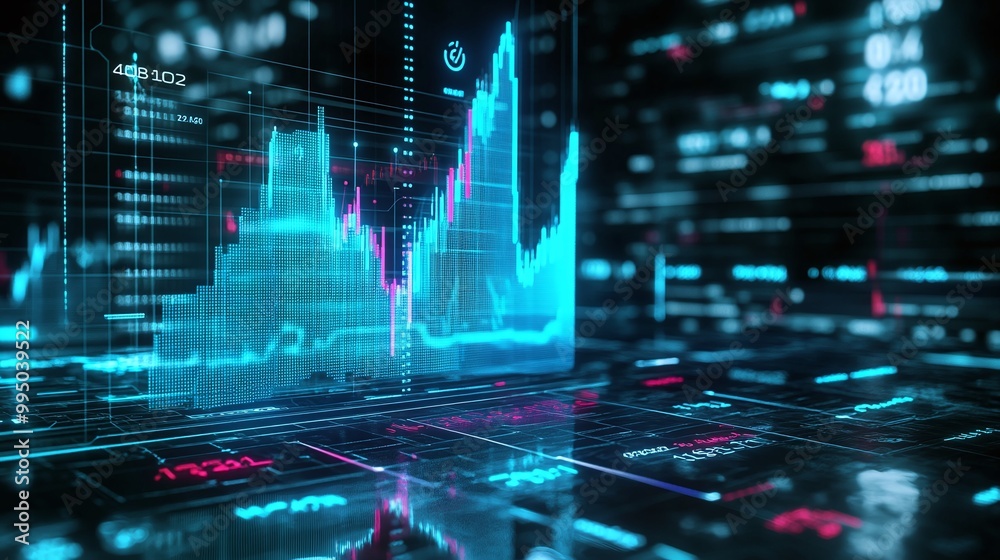 Poster futuristic data visualization with blue and red graphs on a digital background.