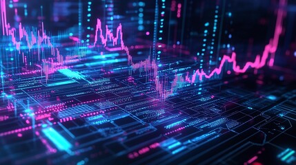 Futuristic data visualization with bright pink and blue neon lines representing digital graphs and analytics.