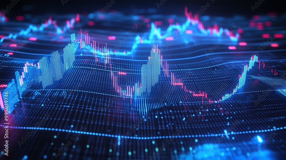 Poster futuristic data visualization with colorful graphs and charts representing financial trends and mark