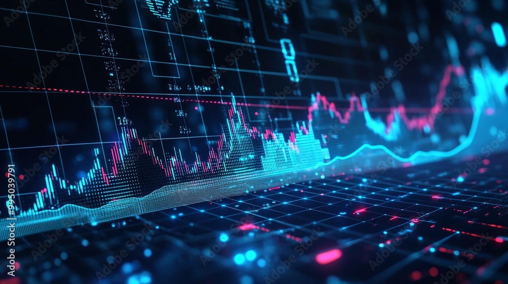 Poster futuristic data visualization with colorful graphs and digital elements on a dark background.