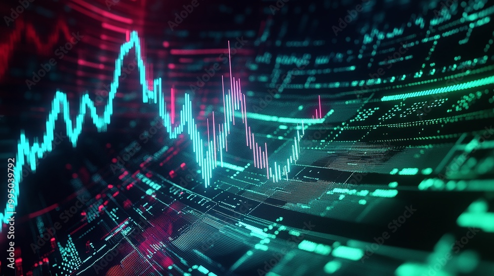 Poster futuristic data visualization with colorful graphs and digital elements against a dark background.