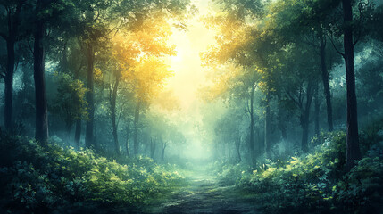 Obraz premium Artistic conception of beautiful landscape painting of nature of forest, background illustration, tender and dreamy design. 