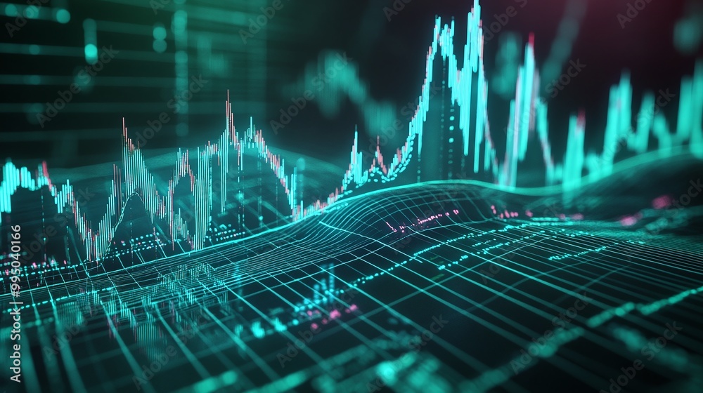 Poster futuristic data visualization with dynamic graphs and digital elements on a dark background.