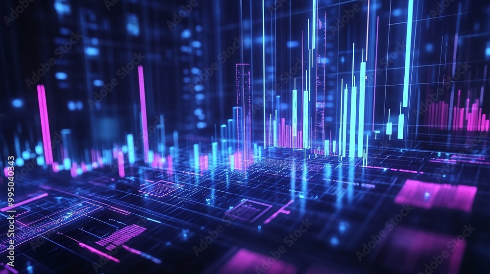 Poster futuristic data visualization with glowing bars and lines representing digital analytics and technol
