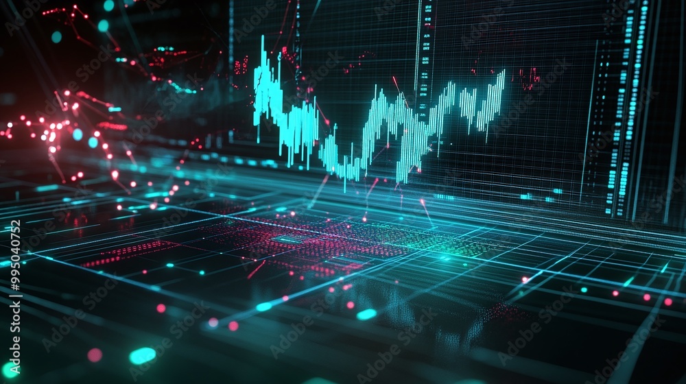 Poster futuristic data visualization with glowing graphs and digital elements on a grid background.