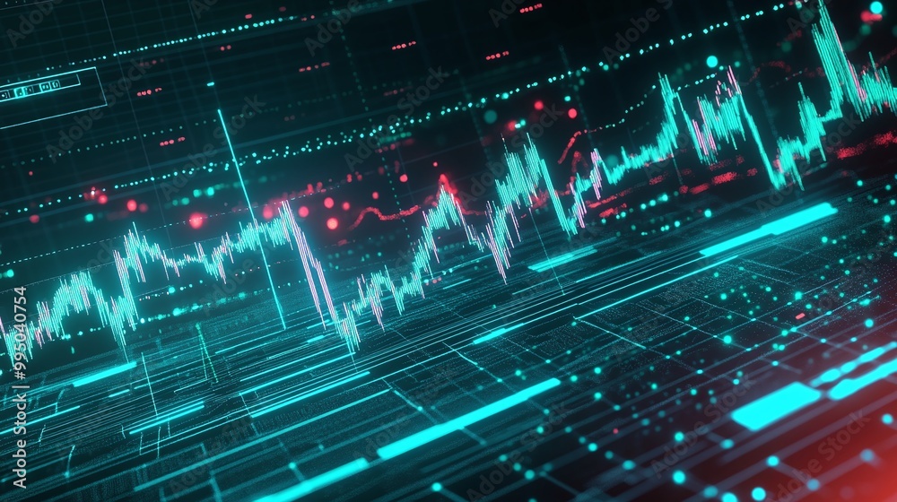 Poster futuristic data visualization with glowing graphs and digital elements on a dark background.