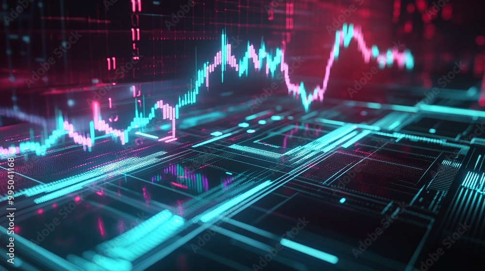 Poster futuristic data visualization with glowing lines and graphs, representing digital analytics and high