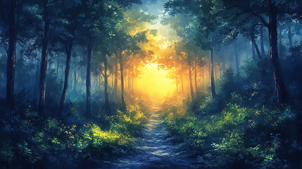 Fototapeta premium Artistic conception of beautiful landscape painting of nature of forest, background illustration, tender and dreamy design. 