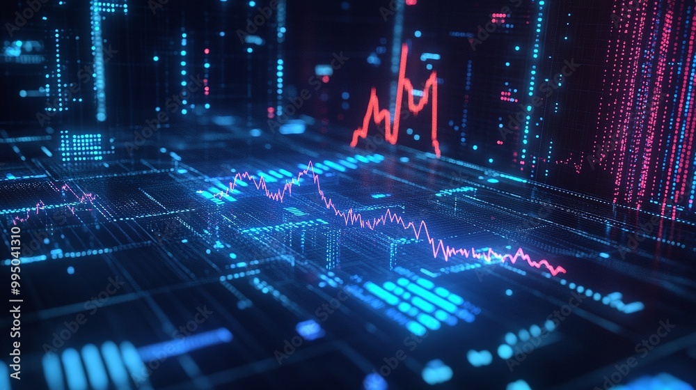 Poster futuristic data visualization with graphs and charts on a digital interface.