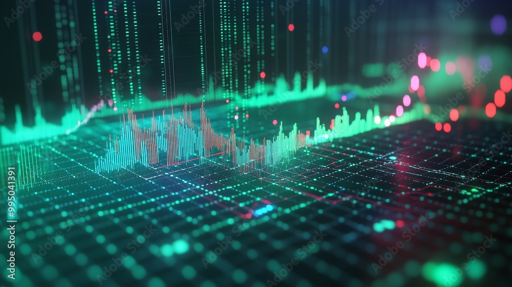Poster futuristic data visualization with green and pink digital wave patterns on dark background, represen