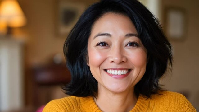 Happy Asian woman smiling, dressed in yellow sweater, joy.