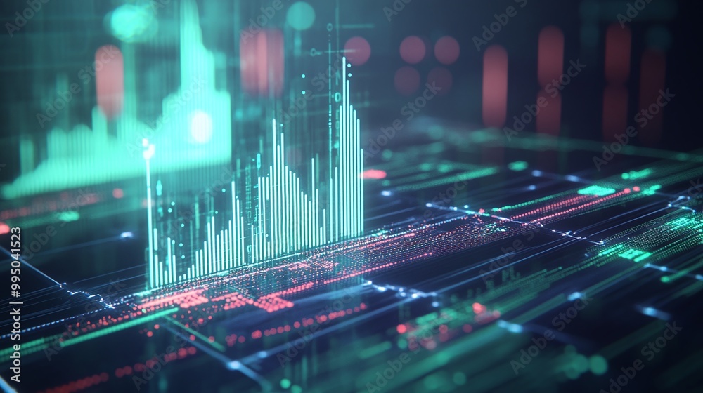 Poster futuristic data visualization with neon colors and digital graphs representing analytics and metrics