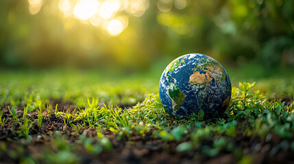 A small blue and green planet sits on a patch of grass