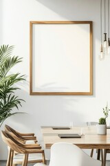 A minimal wood picture frame mockup on a white wall in a modern meeting room. 3d render, 3d illustration.generative ai