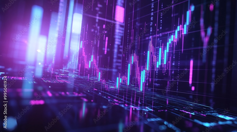 Poster futuristic data visualization with vibrant colors showcasing fluctuating graphs and statistics.