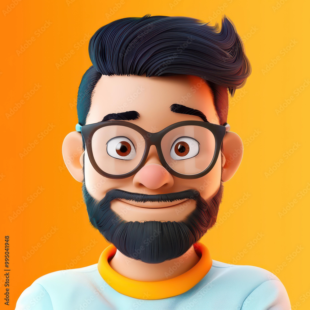 Poster A vibrant 3D cartoon man, sporting a short black beard and glasses, radiating charm with his distinctive style.