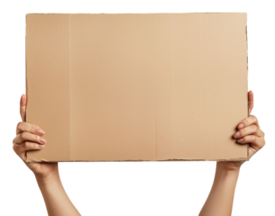 Hands with blank cardboard placard isolated on transparent background