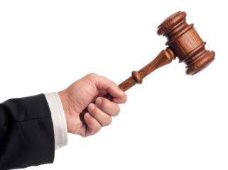 Hand with gavel isolated on transparent background