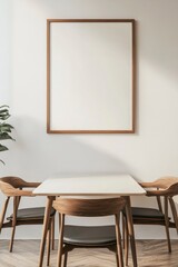 A minimal wood picture frame mockup on a white wall in a modern meeting room. 3d render, 3d illustration.generative ai