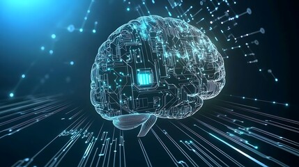 An innovative illustration of a human brain integrated with digital circuits and technological elements, highlighting the connection between human intelligence and AI.