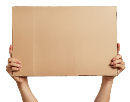 Hands with blank cardboard placard isolated on transparent background